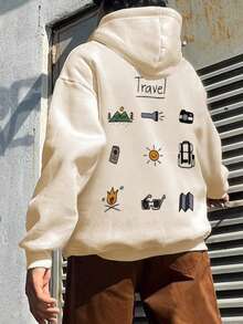 Men's Outdoor Adventure Element Print Drawstring Hoodie Sweatshirt, Back To School, Autumn/Winter - Apricot - View 4