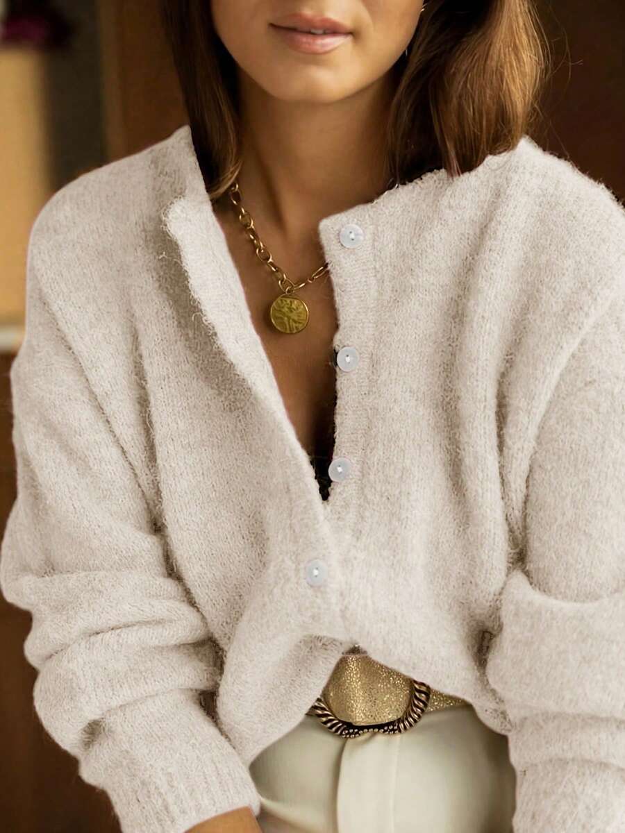 Áo khoác cardigan dệt kim cổ tròn dành cho nữ, thiết kế cài nút, phong cách tối giản cổ điển, phù hợp mặc hàng ngày, áo len thu đông màu trắng. - trắng - Xem 1