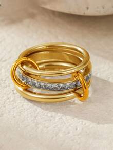 1 chiếc nhẫn kim cương vuông mạ vàng 18K sáng bóng, thép không gỉ chống thấm nước và chống phai màu, thích hợp đeo hàng ngày, dự tiệc, làm quà tặng Ngày của Mẹ - Vòng 4 (3 lớp) - Xem 2