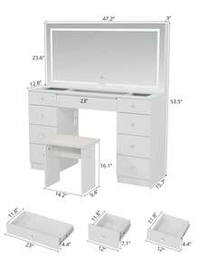 VOWNER 47.2" Large Vanity Desk With LED Lighted Mirror, Modern Makeup Vanity With Power Outlet, 9 Drawers And Soft Stool, 3 Color Light Modes, Brightness Adjustable, Bedroom Vanity Set Gifts For Girls Women, Halloween & Thanksgiving - 查看 6