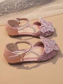 1 Pair Children's Silver Rhinestone Pearl Bow Decor Gilly PU Splice Round Toe Girls Flat Sandals, Suitable For Daily Wear, Dance, Outdoor, Festivals, Parties, Glitter Decor Closed Toe Princess Shoes, Suitable For Spring, Summer, Autumn