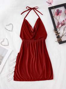 女士性感水钻吊带镂空露背开衩紧身睡裙，外出必备 - 酒紅色 - 查看 8