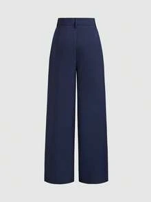 Vela Rue Hook & Zipper Closure Slim Fit Solid Navy Blue Wide Leg Trousers, Suitable For All Seasons