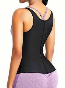 1pc Women Sweat Suit Shapewear Snap Front Bra Strap Camisole, Tight Compression Waist Slimmer Thermal Underwear - Black - View 3