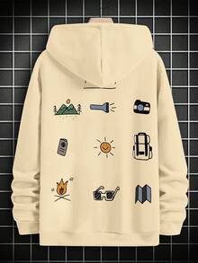 Men's Outdoor Adventure Element Print Drawstring Hoodie Sweatshirt, Back To School, Autumn/Winter - Apricot - View 8