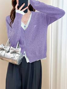 Alicedudu Cardigan pulover 2 în 1 minimalist cu decolteu în V pentru femei, toamnă/iarnă - Mov Mov - Vizualizare 5