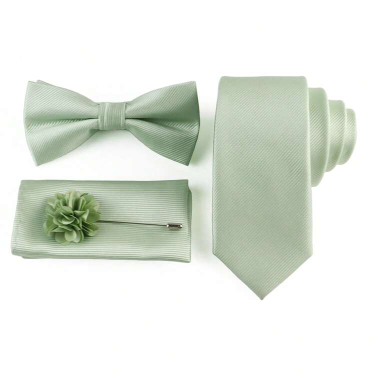 4pcs Men's Sage Green Casual Versatile Tie Set, Includes 1pc 6cm Tie, 1pc Bow Tie, 1pc Pocket Square, 1pc Lapel Flower, Perfect Accessory For Groom Wedding, Party, Event,Accessories,Festival,Gifts - Mint Green - View 2