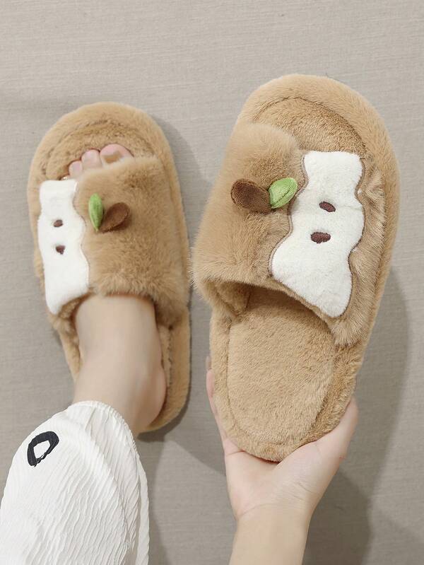 نعال منزلية نسائية من الفرو على شكل تفاحة، مبطنة بطبقة عازلة للحرارة، مانعة للانزلاق، نعال غرفة نوم فاخرة للاستخدام الداخلي والخارجي، مناسبة للخريف والشتاء