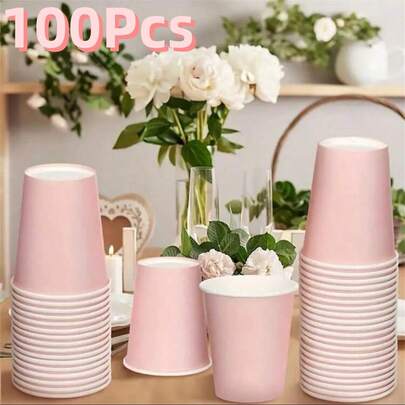 100pcs Pink Paper Cups With Gradient Design - Disposable, Reusable For Parties, DIY, And Holiday Celebrations, Perfect For Coffee, Drinks, And More, Holiday Party Supplies | Gradient Design Cups | Durable Paper Cups, Coffee Travel Mug