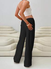 女装夏季新款纯色亚麻混纺直筒宽松松紧腰抽绳口袋休闲裤 - 黑色 - 查看 5