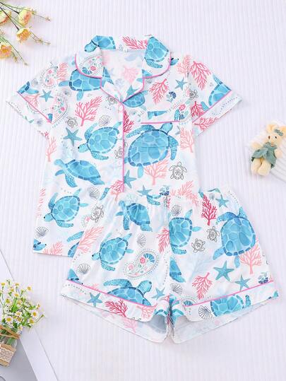 2pcs/Set Women Plus Size Sleepwear Set, Ocean World Print White Background Short Sleeve Lapel Button-Up Soft Top And Elastic Waist Loose Shorts, Fashionable Daily/Sleepwear/Party Outfit, Casual/Home/Outdoor Comfortable
