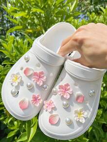 18个粉色花朵、白色花朵、粉色花瓣、白色ABS珍珠鞋夹，DIY装饰，多功能鞋饰，适用于女士凉鞋、拖鞋、花园鞋、沙滩包，是节日和生日礼物的绝佳选择。 - 彩色 - 查看 6