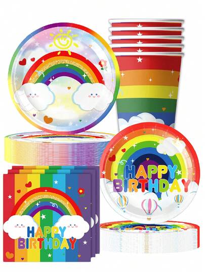 10pcs Clouds Hot Air Rainbow Model Theme Party Supplies Holiday Birthday Party Supplies Disposable Paper Plates Paper Cups Paper Towels Tableware Set Camping Camping Travelling