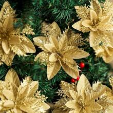 1/10/20/30pcs Poinsettia Christmas Decorations (With Clips) - 10pcs Artificial Flowers Red, Gold, Silver Christmas Tree Ornaments Glitter New Year Wedding Party Wreath DIY Decor, Packaged Home Decor Room Decor - Gold - View 3