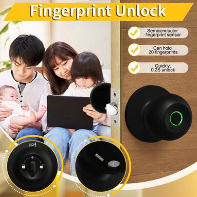 Puerta Inteligente 3 en 1 con Llavero de Huella, Acceso por App y Clave - Carga Emergente Tipo-C, Candado Biométrico Metálico a Batería para Apartamentos y Oficinas, Teclado Táctil Elegante, Acabado Mate