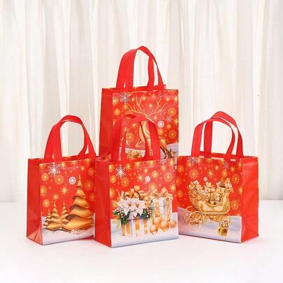 4 pezzi, Sacchetto regalo di Natale rosso con manico, design di albero di Natale, renna, slitta, sacchetto regalo portatile per feste, sacchetto non tessuto, sacchetto per scambio di regali per feste, sacchetto per centro commerciale, sacchetto per confezione regalo per feste natalizie