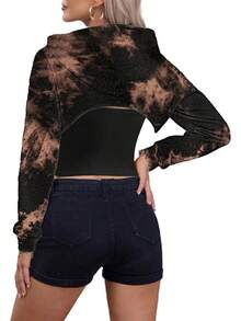 Women Crop Top Pullover Sweatshirt Long Sleeve Drawstring Hoodie - 黑棕色 - 查看 5