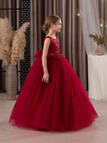 少女勃艮第手工串珠亮片装饰 V 领优雅派对礼服，公主裙适合女孩生日派对、宴会、舞会、花童婚礼伴娘礼服、节日庆典 - 酒紅色 - 查看 4