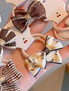 10 件儿童可爱简约复古花卉印花蝴蝶结发带，适合女孩的时尚低马尾辫发带，包装 - 咖啡棕 - 查看 4