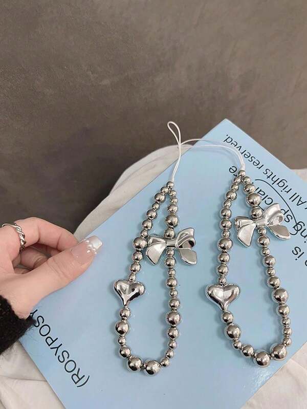 1pc Fashionable Silver Beaded Lanyard Charm, DIY Handmade Bowknot & Heart Decor Phone Case Chain, Korean Style Bracelet