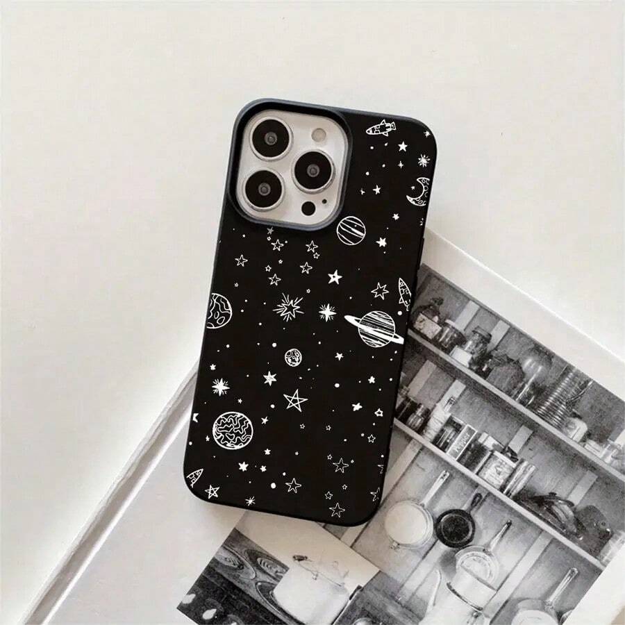 Fundas y carcasas protectoras para teléfono con diseño de planeta blanco y orificios grandes. Compatibles con phone 16 Pro Max, 16, 15 Pro, 14, 14 Plus/14 Pro Max, 13, 13 Pro, 12 Pro, 11/11 Pro. Regalos para cumpleaños y festividades - Negro - Ver 1
