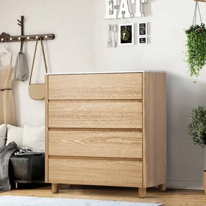 SUN YEE Chest Of 4 Drawers Dresser, Tallboy Storage Cabinet With Marble Top Surface And Wood Legs, Clothes Organizer Dressers For Bedroom Living Room Office Hallway, 80x40x90cm, Natural