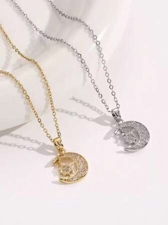 1 pieza Collar con colgante de estrella octagonal y luna de acero inoxidable, con circonita cúbica incrustada, elegante y brillante, versátil para uso diario, casual, fiesta, vacaciones, uso en la calle, joya de regalo