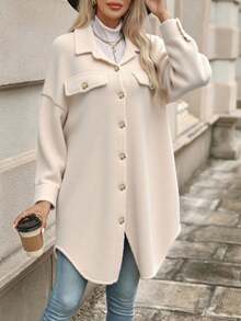 Jesienno-zimowy, swobodny płaszcz w europejskim stylu, jednolity kolor, z polaru granulowanego, z odkrytymi ramionami, z klapami, guzikami i ozdobnymi klapami kieszeni, ciepły i stylowy, idealny na co dzień, dojazdy do pracy, wakacje i spotkania ze znajomymi