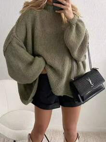 Women Casual Long Sleeve Fall Sweaters High Neck Solid Color Soft Ribbed Knitted Oversized Pullover Loose Fit Jumperih - Green - View 5