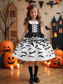 Young Girls Bat Pattern Black & White Contrast Halloween Party Princess Dress, Comes With Bag (Excluding Hair Accessories, Fabric Pattern Random) - Black and White - View 1