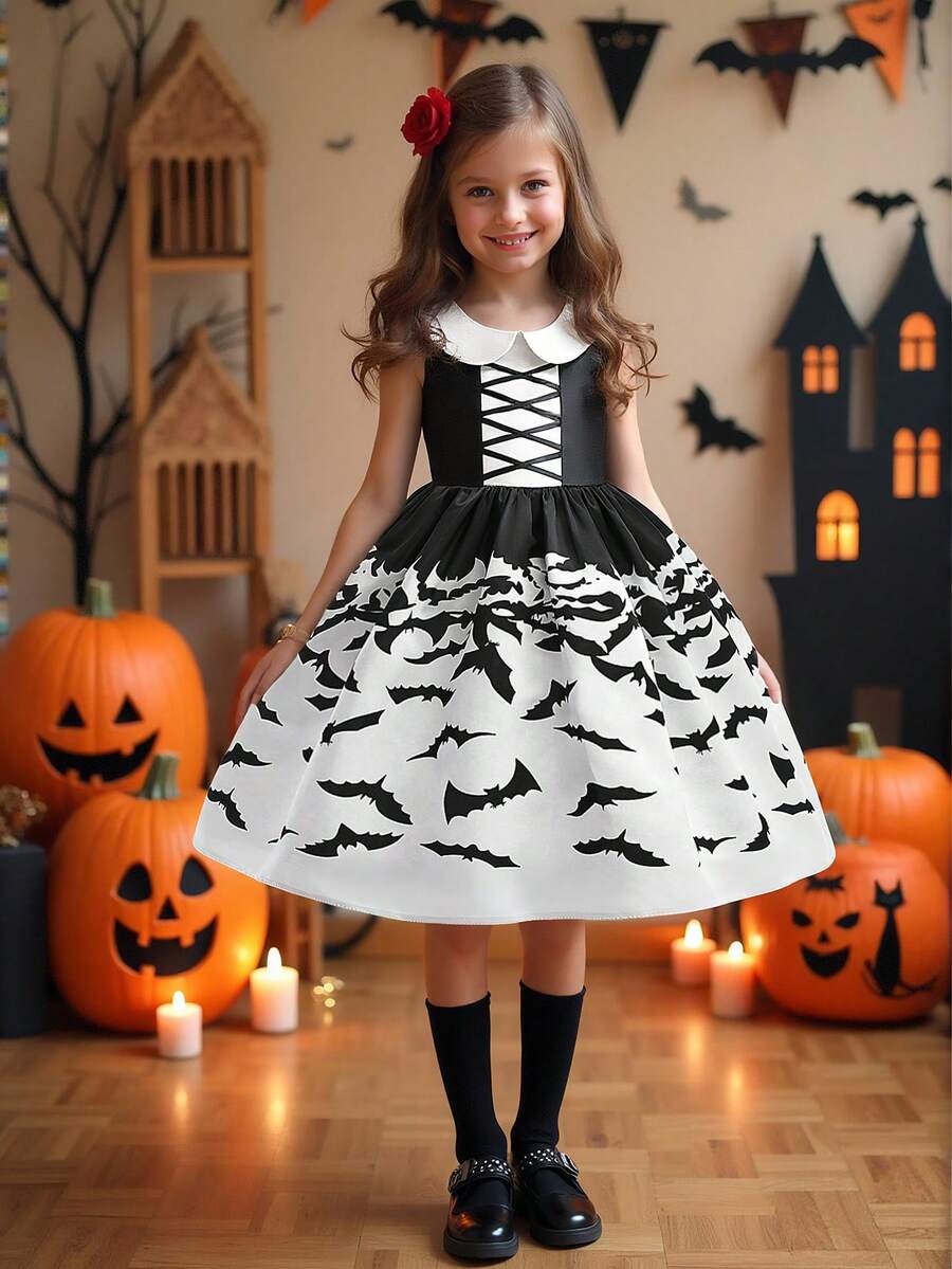 Young Girls Bat Pattern Black & White Contrast Halloween Party Princess Dress, Comes With Bag (Excluding Hair Accessories, Fabric Pattern Random) - Black and White - View 1