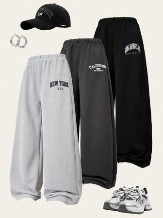 3 piezas Pantalones de chándal con estampado de letras para niñas