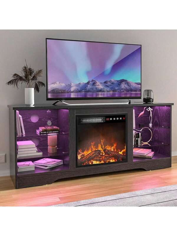 58" Modern Fireplace TV Stand With 18" Fireplace For Living Room, Entertainment Center For TVs Up To 65" With Leg Lights And Adjustable Glass Shelves