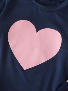 2 件套女童睡衣套装，可爱心形印花海军蓝长袖 T 恤和休闲长裤，2025 年秋季新品 - 藍色 - 查看 3