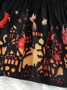 2pcs/Set Girls Halloween Castle & Bat Print Round Neck Sleeveless Dress And Short Sleeve Jacket Outfit - Multicolor - View 6