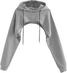 Sudadera corta con capucha de manga larga con cordón para mujer - Gris Oscuro - Ver 1