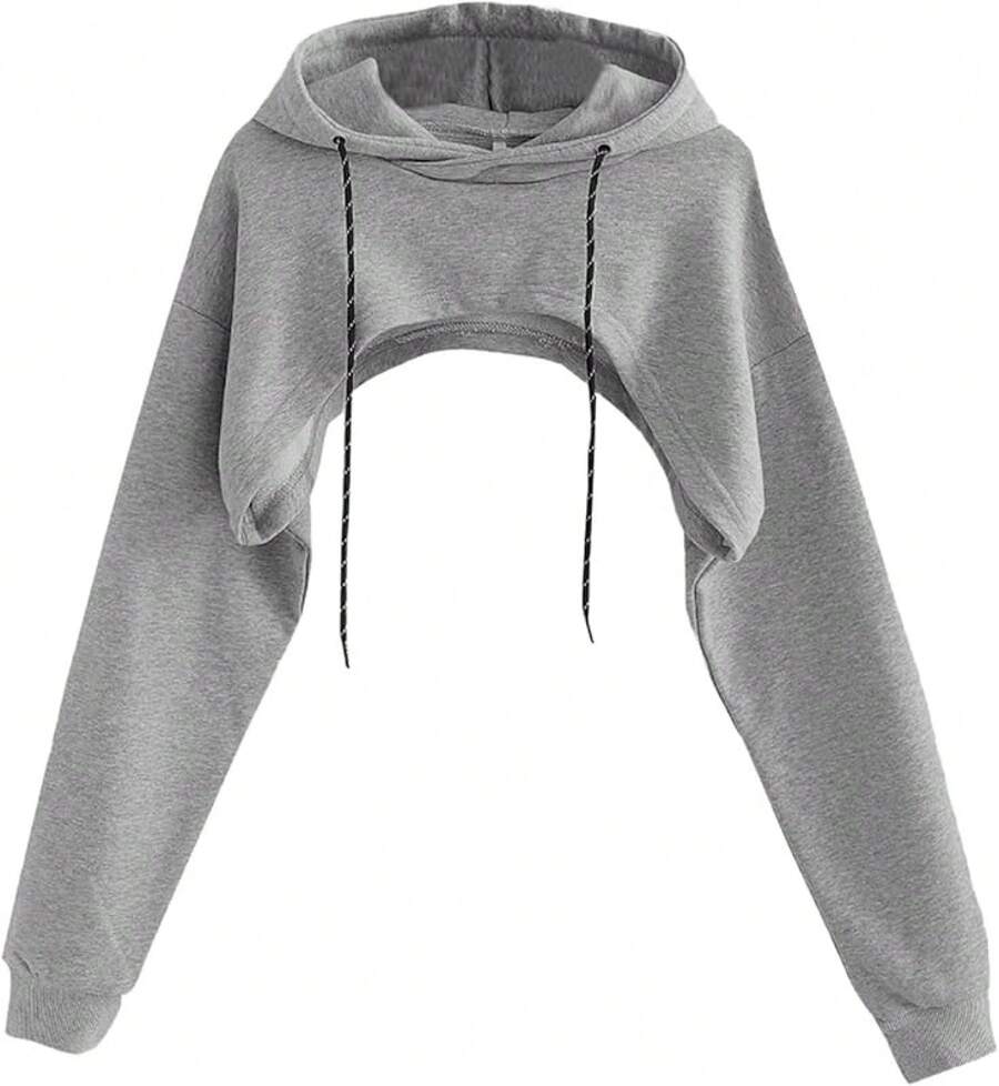 Sudadera corta con capucha de manga larga con cordón para mujer - Gris Oscuro - Ver 1