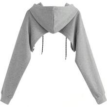 Sudadera corta con capucha de manga larga con cordón para mujer - Gris Oscuro - Ver 2
