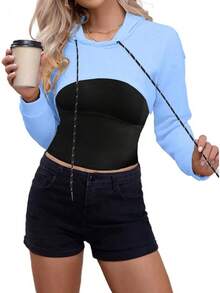 Women Crop Top Pullover Sweatshirt Long Sleeve Drawstring Hoodie - Blue-a - View 4