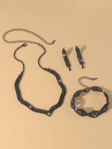 女士珠宝套装 - 项链、耳环和手链，适合婚礼和派对 - 黑色 - 查看 4