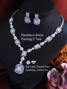 1 套闪亮奢华长方形锆石吊坠婚礼项链和耳环迪拜新娘派对珠宝套装女士