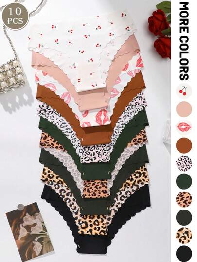 10条装女士无痕内裤，柔软舒适低腰三角裤，豹纹性感内衣