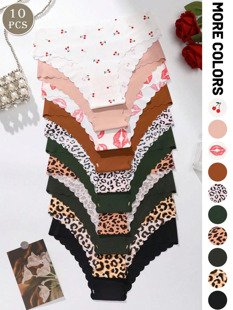 10条装女士无痕内裤，柔软舒适低腰三角裤，豹纹性感内衣 - 彩色 - 查看 1