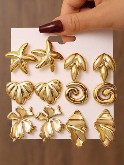 12pcs/Set Bohemian Style Star, Leaf, Heart, Flower & Asymmetrical Geometric Stud Earrings Set, Women Punk Versatile Earrings For Daily, Party, Date, Vacation & Travel Wear