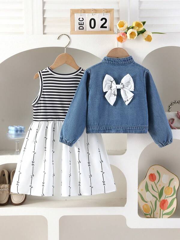 2pcs/Set Girls Casual Cute Outfit With Bow Denim Jacket And Striped Print Patchwork Dress, Autumn/Winter New Arrival
