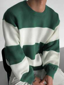 Seasonal New Striped Minimalist Drop Shoulder Crew Neck Long Sleeve Casual Loose Knit Pullover Unisex Top - Green - View 2