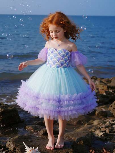 Young Girl Lavender Sequin Mesh Puff Sleeve Elegant Mermaid Party Princess Dress, Suitable For Girls Birthday, Party, Banquet, Formal Occasion, Holiday Celebration, Flower Girl, Wedding Gown