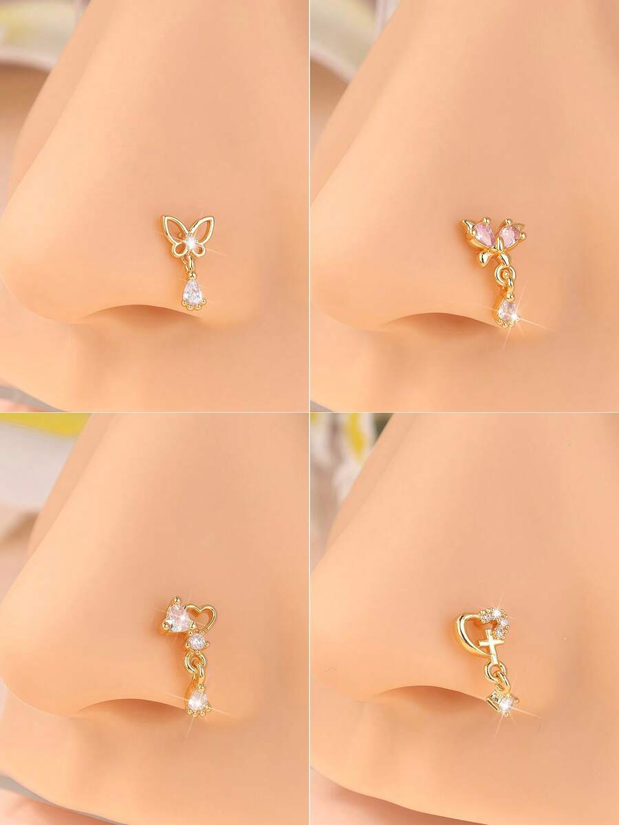 1 Pieza Pendiente de nariz con diseños colgantes de mariposa, corazón y cruz, Anillo de nariz en forma de L, Joyería de piercing de oro/plata para mujeres