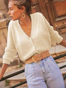 Cárdigan de punto casual de manga larga con cuello en V, hombros caídos y un solo botonadura, de estilo hueco, para otoño