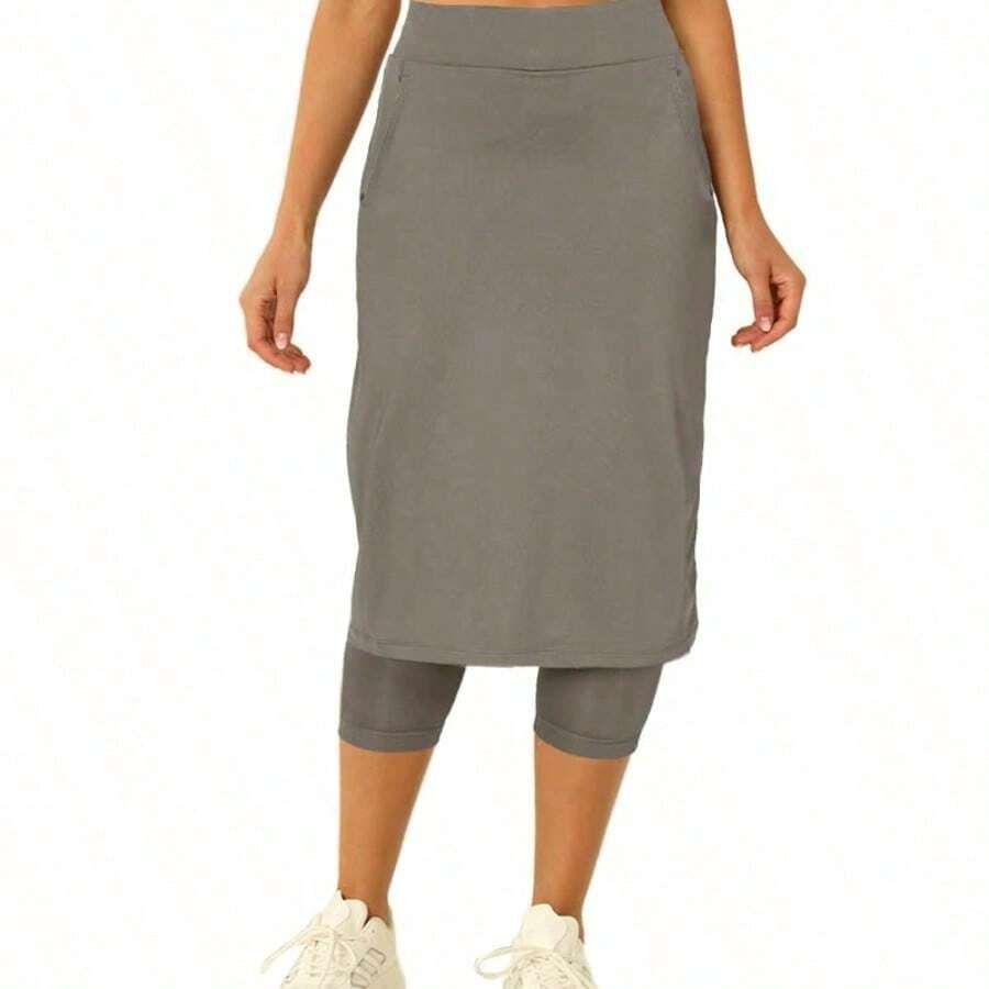 Fisoew Women Tennis Skorts With Pockets Golf Workout Skirted Leggings Yoga Capri Pants Summer Activewear Running Fitness Skirts - 灰色 - 查看 1